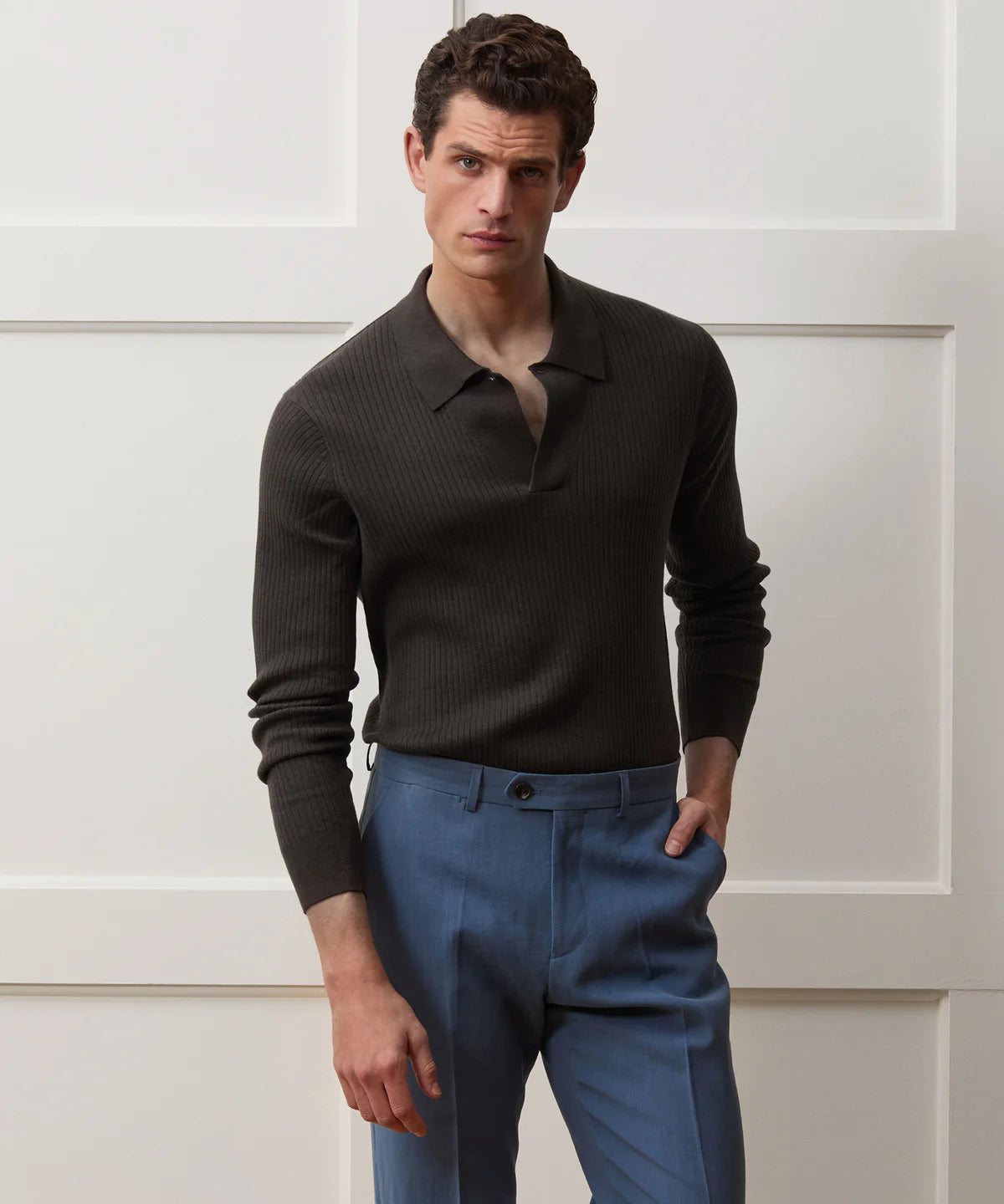 Ribbed Cotton-Cashmere Polo T-shirt