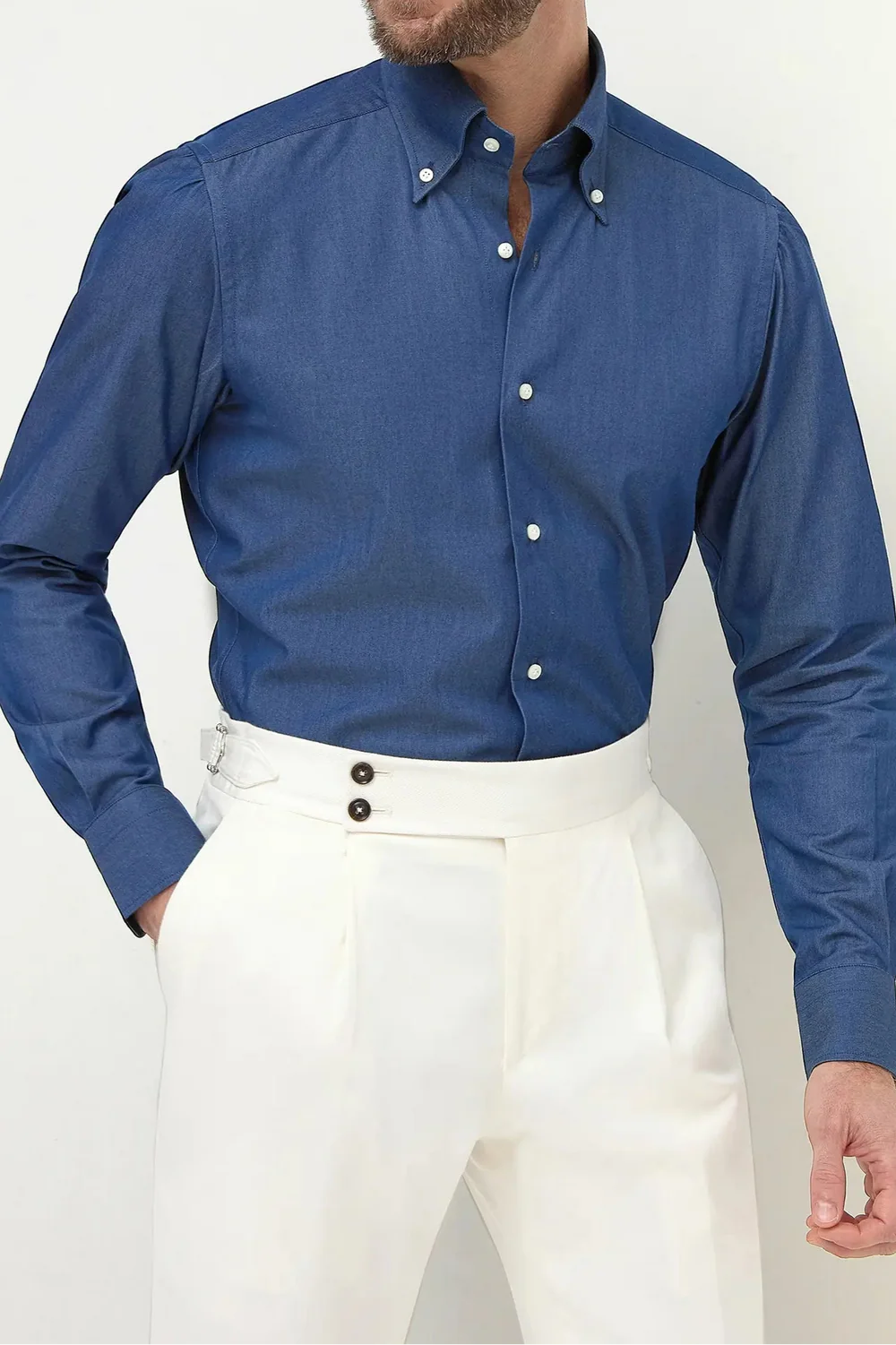 Collar button denim shirt